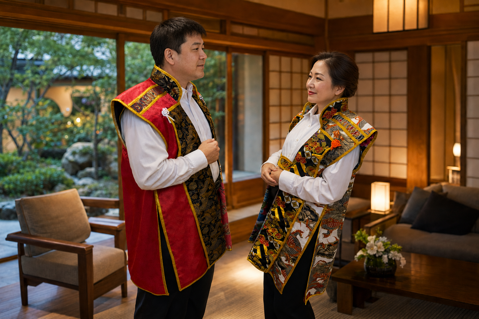 Two guests wearing handcrafted SamuraiWorld Jinbaori in a refined Japanese interior