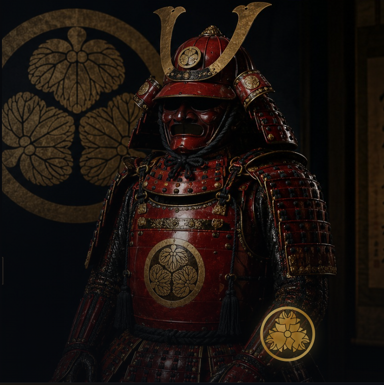 Red Japanese samurai armor with a gold crest